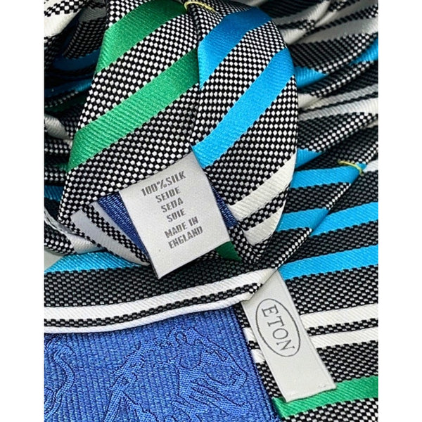 Eton Silk Neck Tie Made in England Blue Green Black White Striped Luxury Tie