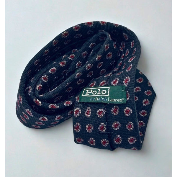 Polo Ralph Lauren Wool Tie Handmade USA Vintage Navy Paisley Dot England