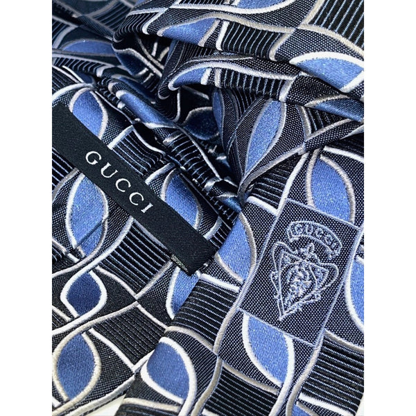 Gucci Geometric Silk Tie Blue Black Gray 100% Silk Made in Italy