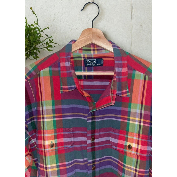 Polo Ralph Lauren Madras Plaid Shirt 2XL Vintage Short Sleeve Button Front