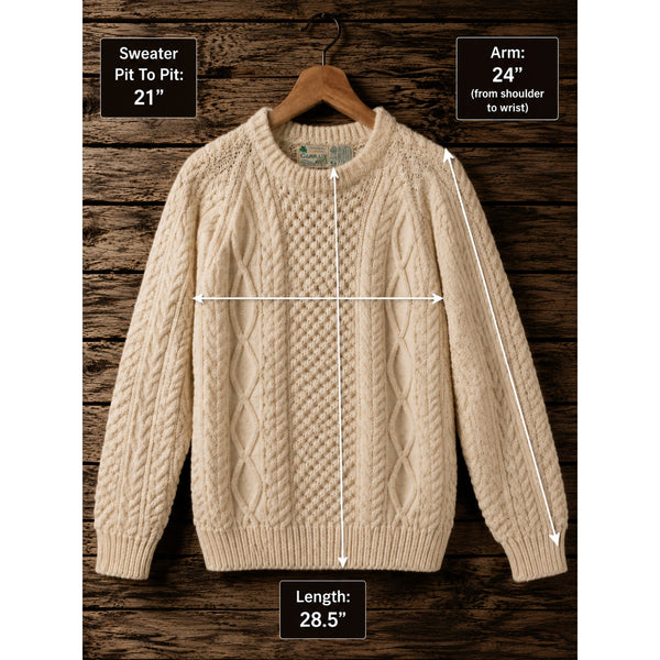 Carraig Donn Aran Irish Wool Sweater Men's S Cream Cable Knit Fisherman Handmade