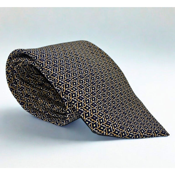 Fendi Cravatte Vintage Silk Tie Navy Gold All Over FF Logo Made in Italy EUC