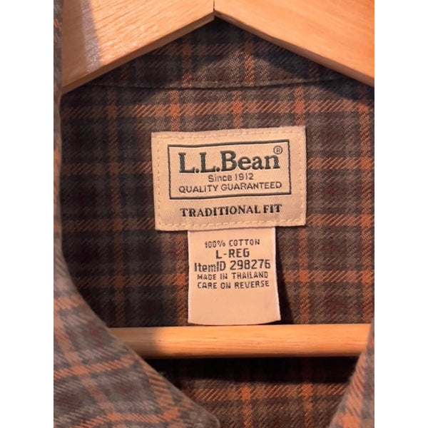 LL Bean Sz. Large Brown Orange Plaid Houndstooth Button Down Shirt L Traditional