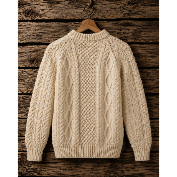 Carraig Donn Aran Irish Wool Sweater Men's S Cream Cable Knit Fisherman Handmade