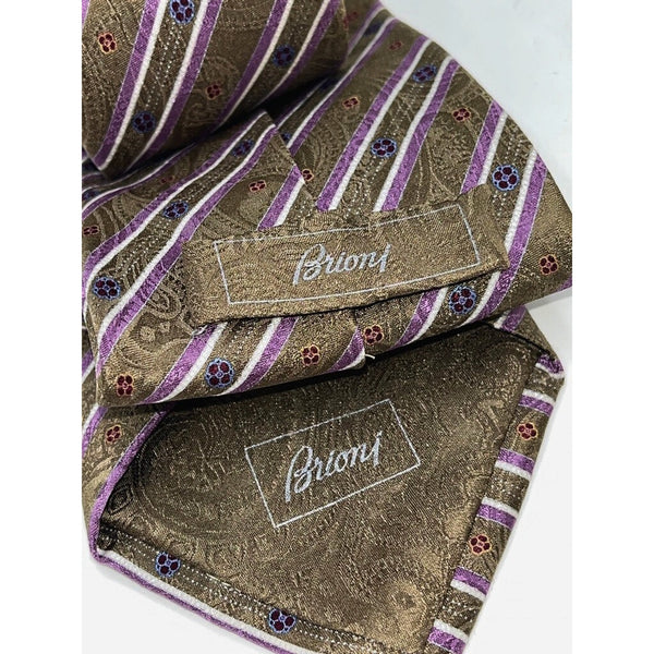 Brioni Silk Tie Handmade Italy Paisley Striped Geometric Satin Luxury