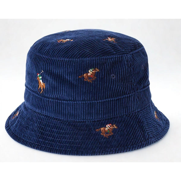 Polo Ralph Lauren Equestrian Corduroy Bucket Hat L/XL Navy Pony All Over NWOT