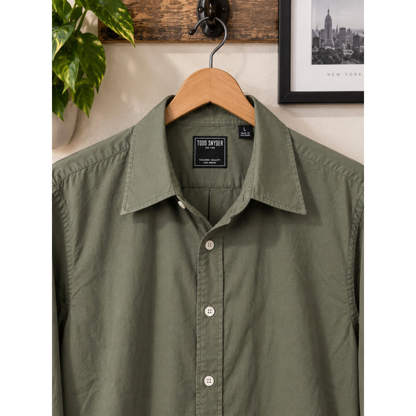 Todd Snyder Cotton Twill Long Point Collar Shirt Sage Olive Mens L Slim Fit