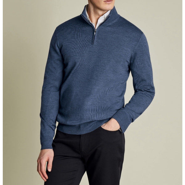 Charles Tyrwhitt Merino Wool 1/4 Zip Sweater Mens Large Blue Lightweight (Flaw)