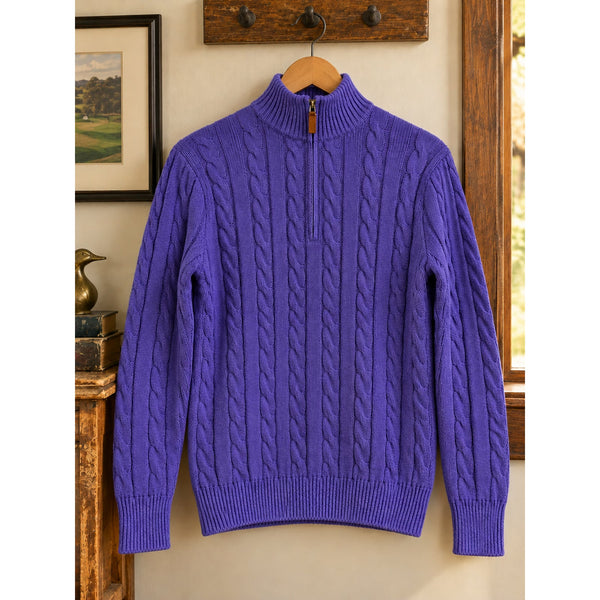 Polo Ralph Lauren Purple Silk Cashmere Cable Knit 1/4 Zip Sweater Sz. M Vintage