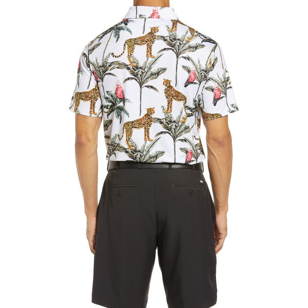 Bad Birdie Golf Polo Shirt Mens Large NWOT Hawaiian Cheetah Parrot Palm Print