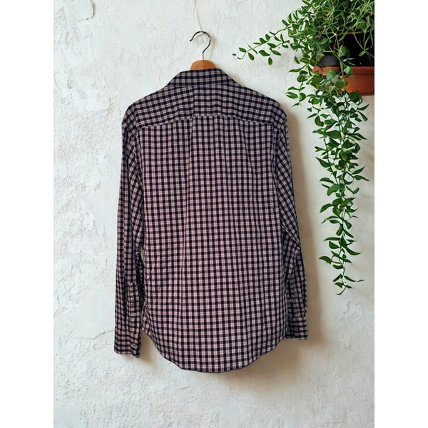 UNTUCKit Egrivin Slim Fit Long Sleeve Check Shirt Size L Navy Tan Plaid