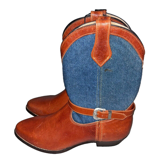 Frye Cowboy Boots Denim Brown Leather Silver Buckles Vintage Sz 8 RARE Deadstock
