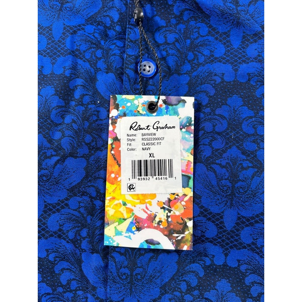 Robert Graham Bayview XL NWT Navy Floral Damask Short Sleeve Button Up Shirt