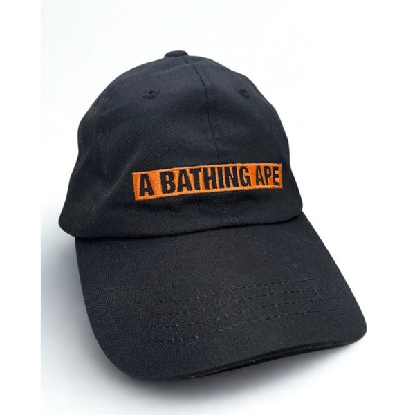 BAPE A Bathing Ape Logo Dad Hat Cap Black Orange Strapback Rare Streetwear