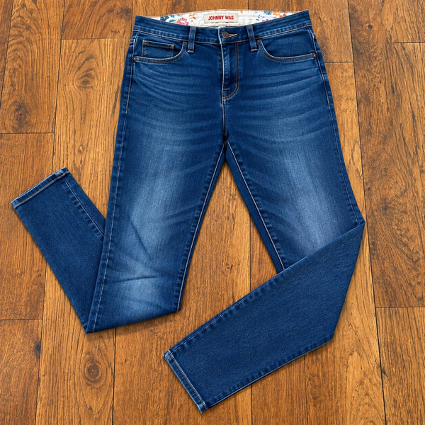 Johnny Was Skinny Jeans Womens 26 Blue Mid Rise Stretch Floral Skinny 29x28.5
