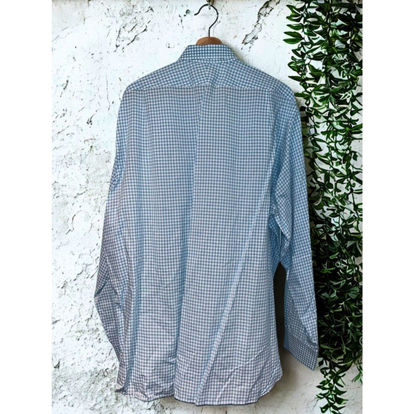 Ralph Lauren Purple Label Dress Shirt Blue Check Cotton Italy Men's Size 18 EUC