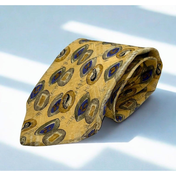 Brioni 100% Silk Tie Handmade Italy Gold Blue Abstract Luxury Designer Classic