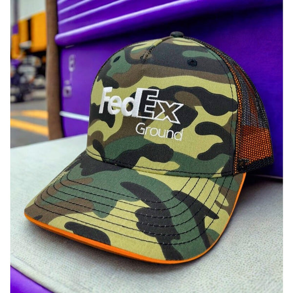 FedEx Ground Camo Trucker Hat Snapback Orange Black Mesh Delivery Driver Cap