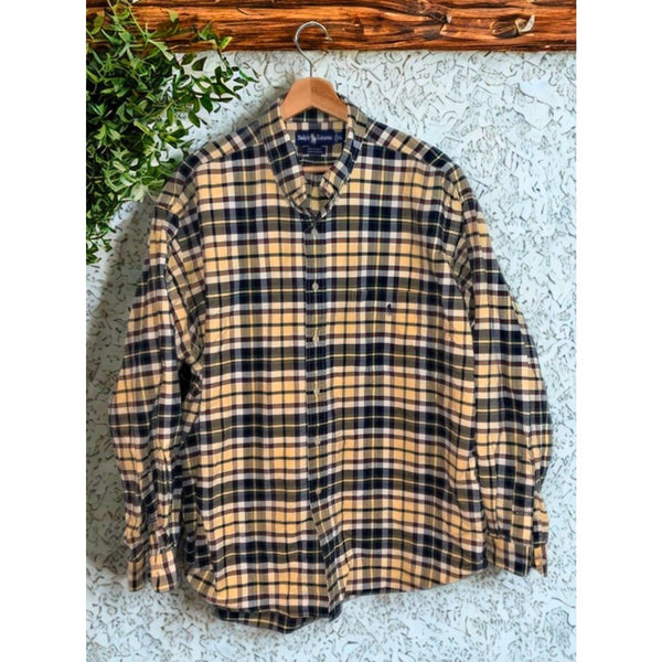 Polo Ralph Lauren Big Shirt Men XL Yellow Blue Plaid Button Down Blue Pony VNTG