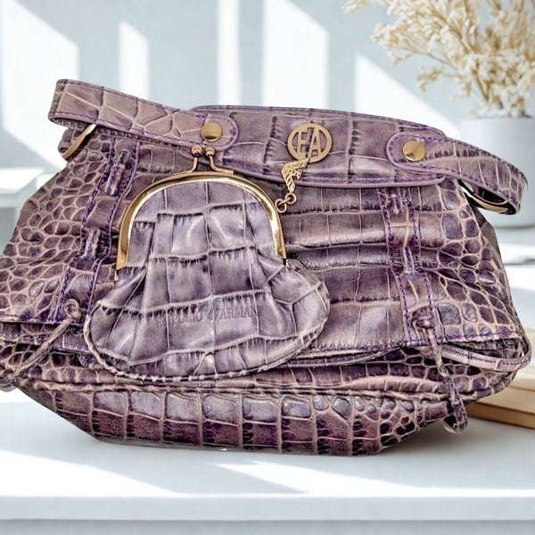 Emporio Armani Large Fold Over Leather Crocodile Embossed Bag & Change Pouch
