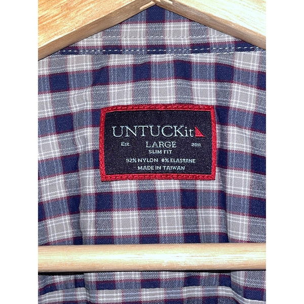 UNTUCKit Egrivin Slim Fit Long Sleeve Check Shirt Size L Navy Tan Plaid