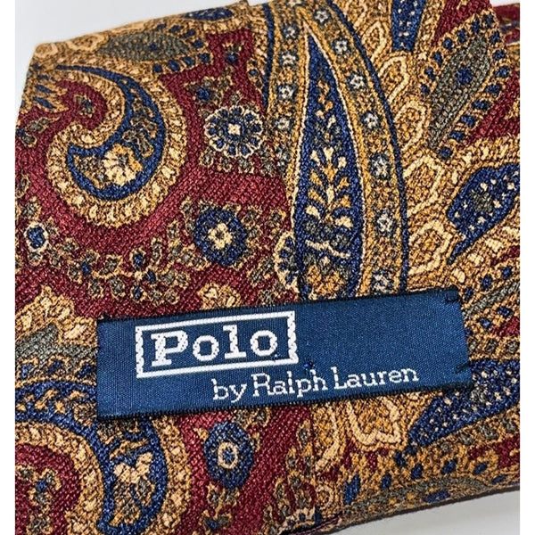 Polo Ralph Lauren Paisley Silk Tie USA Handmade Vintage Burgundy Gold Neckwear