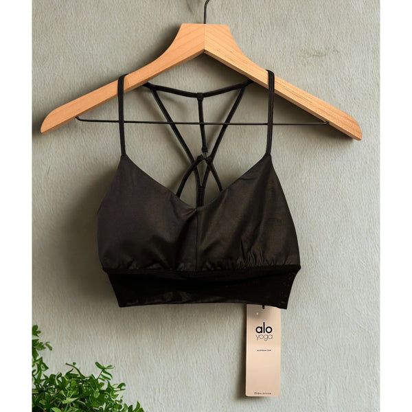 Alo Yoga Lavish Strappy Sports Bra Black Glossy Mesh XS NWT