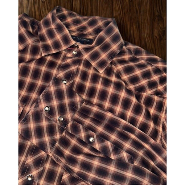 Banana Republic Western Pearl Snap Shirt XL Brown Plaid Vintage Cowboy L/S