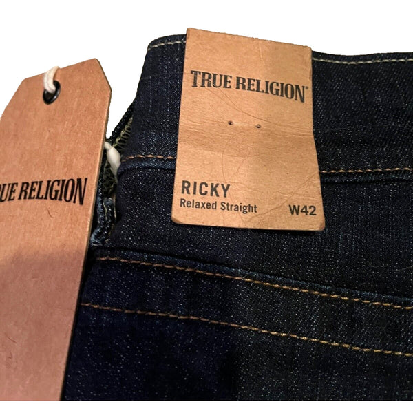 True Religion Ricky Straight Jeans Wanted Man Dark Wash Mens 42x34 Stretch USA