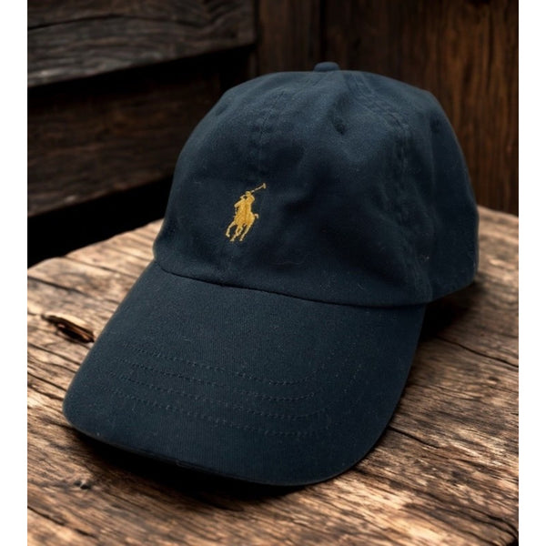 Polo Ralph Lauren Gold Pony Logo Hat Black Adjustable Strapback Rare EUC