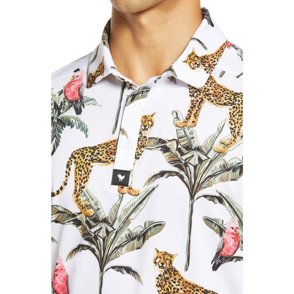 Bad Birdie Golf Polo Shirt Mens Large NWOT Hawaiian Cheetah Parrot Palm Print