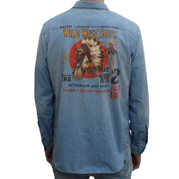 Polo Ralph Lauren Vintage 90s Blue Wild West Show Indian Head Western Sz. L EUC