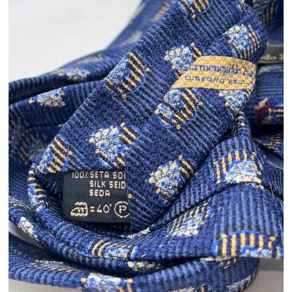 Ermenegildo Zegna 100% Silk Tie Navy Blue Diamond Medallion Italy Luxury