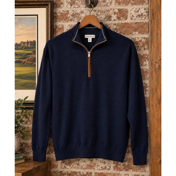 Peter Millar Crown Autumn Crest Merino Wool Suede Trim 1/4 Zip Navy XL $265