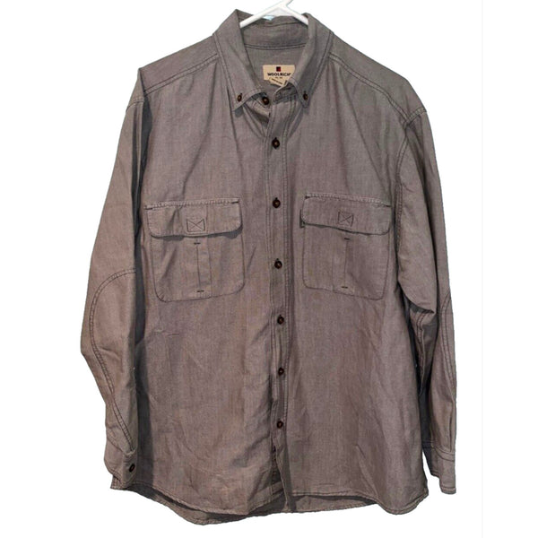 Woolrich Men's Button Up Long Sleeve Shirt Olive Sz. L 100% Cotton 703