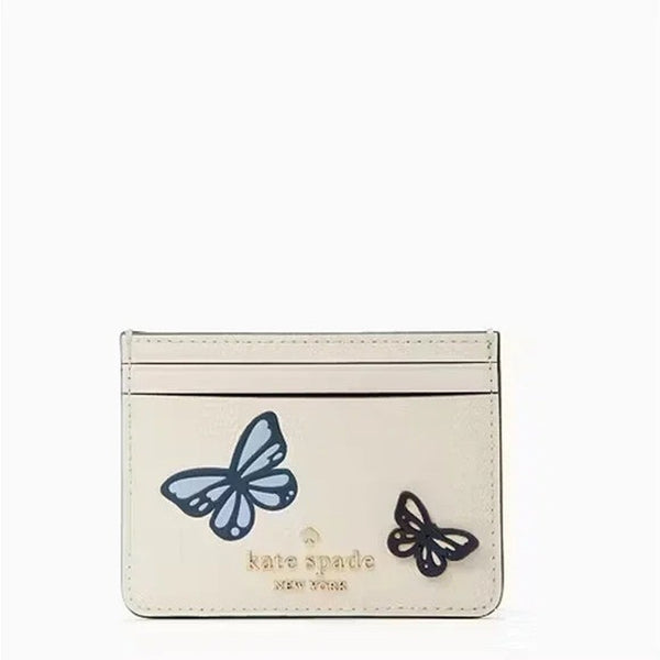 Kate Spade Flutter Fly Butterfly Leather Card Holder White Blue NWOT MSRP $99