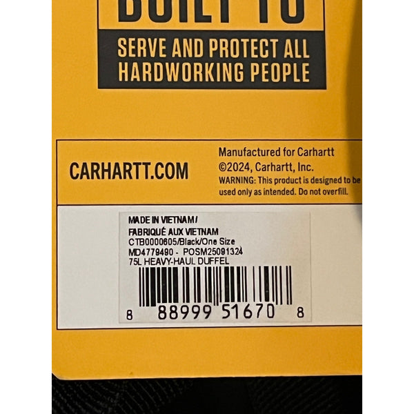 Carhartt 75L Heavy Haul Duffel Bag CTB0000605 Black NWT Rain Defender Backpack