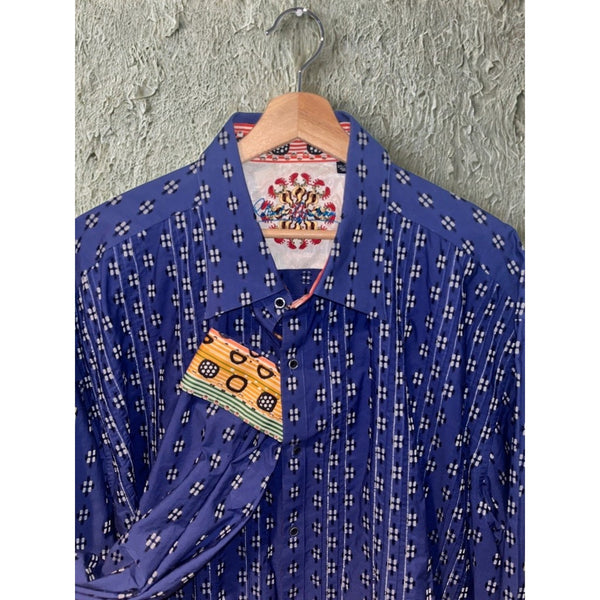 Robert Graham Textured Shirt Sz. 3XL Blue Geometric Flip Cuff Button EUC