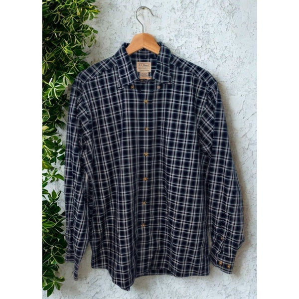LL Bean Shirt Mens M Green Blue Plaid Kennebunk Sport Button Down Long Sleeve