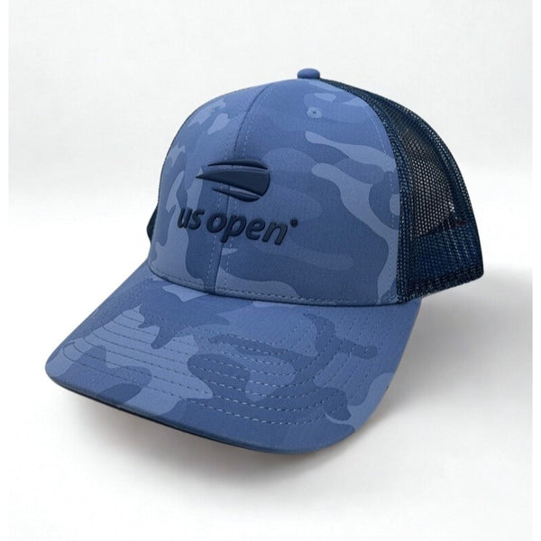 US Open Tennis American Needle Blue Camo Mesh Trucker Hat Adjustable EUC