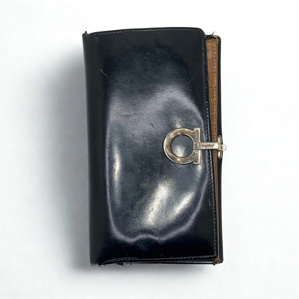 Salvatore Ferragamo Gancini Wallet Black Leather Silver Hardware Italy