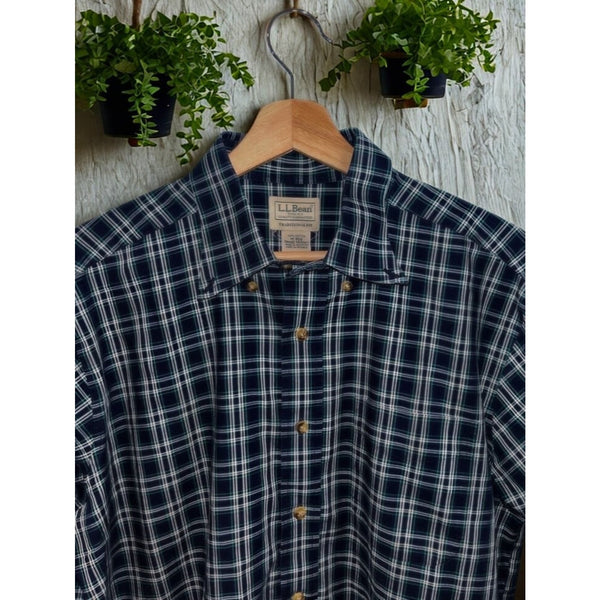 LL Bean Shirt Mens M Green Blue Plaid Kennebunk Sport Button Down Long Sleeve