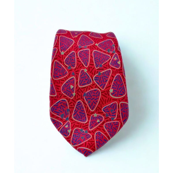 Yves Saint Laurent Vintage 80s Silk Tie Navy Red Geometric Italy Handmade Retro