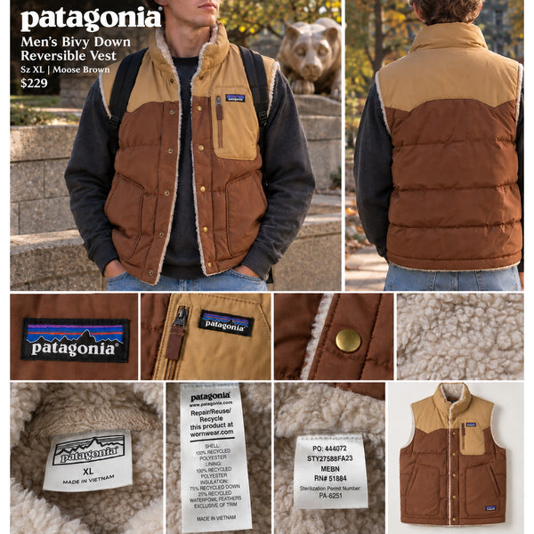 Patagonia Reversible Bivy Down Vest Men's XL Moose Brown Sherpa Fleece $229