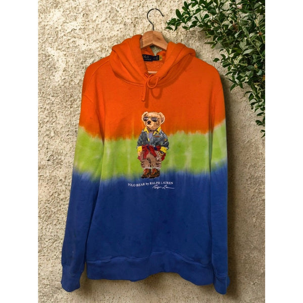 Polo Ralph Lauren Polo Bear Tie-Dye Fleece Hoodie Men's Large Orange Blue EUC