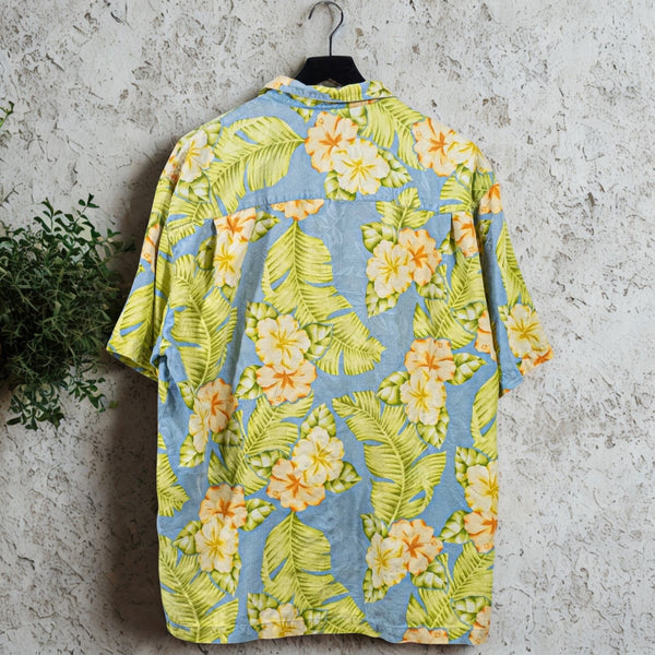 Tommy Bahama Silk Hawaiian Shirt XL Blue Floral Camp Collar Loop Resort Aloha