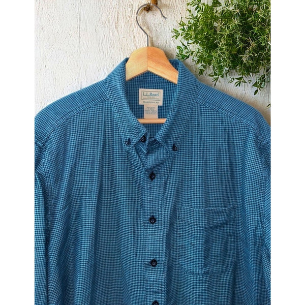 LL Bean Large Blue Green Houndstooth Button Down Shirt Traditional Fit Cotton