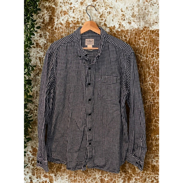 LL Bean Mens Large Black White Micro Plaid Scotch Flannel Button Down Shirt L