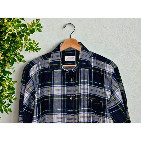 Viyella Scotland Wool Cotton Plaid Shirt Black Watch Tartan Men’s M Vintage EUC