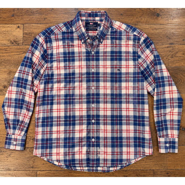 Vineyard Vines Performance Slim Tucker Shirt Men's XL Dorchester Plaid Blue Red